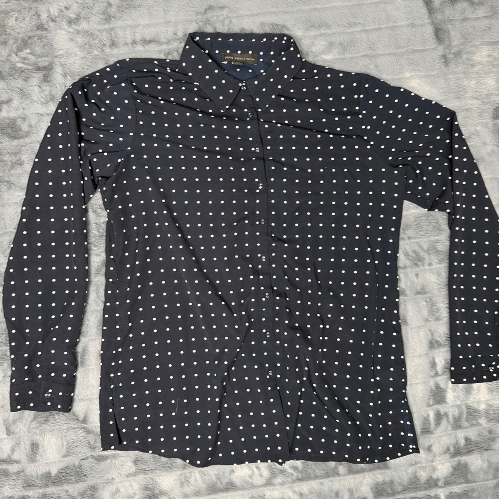 Joan Vass New York Navy Blue White Polka Dot Button Down Shirt Blouse Medium